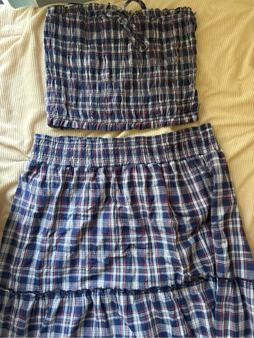 navy plaid tube top and maxi skirt set